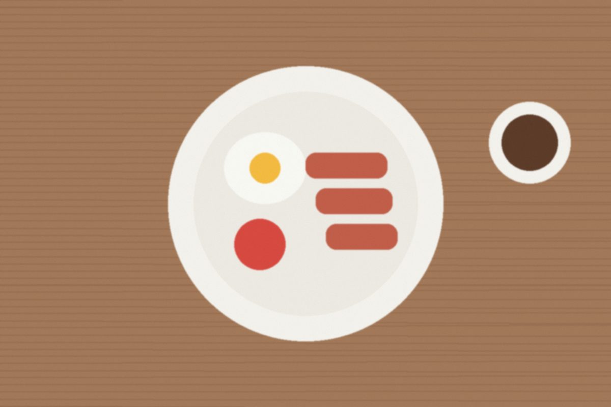 Breakfast plate from above: egg, tomatoes, toast, coffee