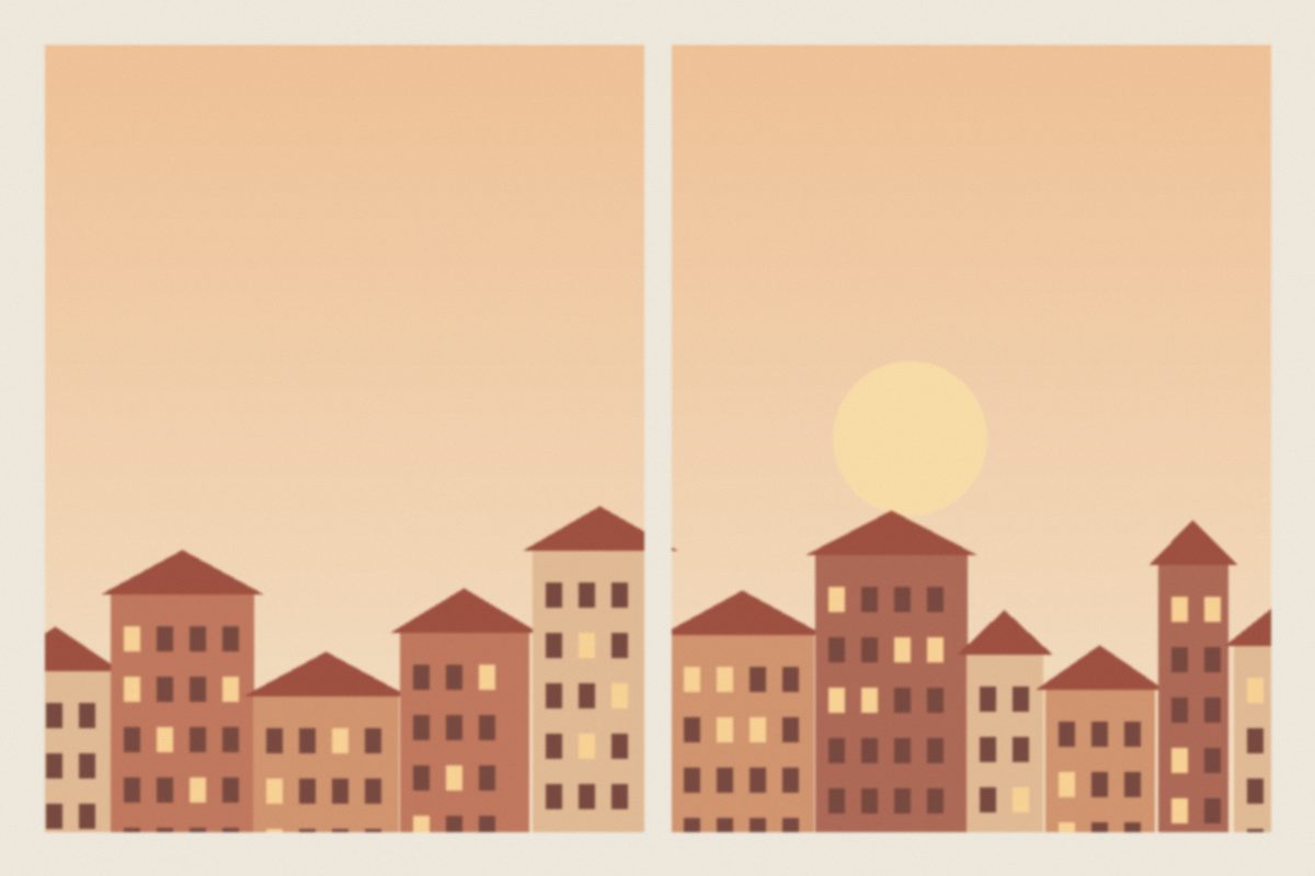Rooftops at sunset from the window of room 1204
